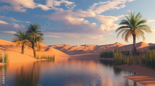 photo of sahara desert. with a pond and doum palm photo