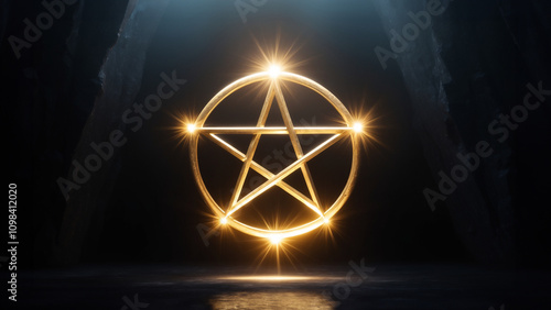 Golden pentagram glowing brightly in a mystical dark space, symbolizing balance, protection, and the divine connection between elements and spirituality. photo