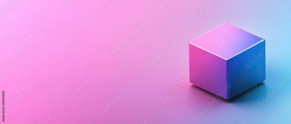 Fototapeta premium The image shows a minimalist 3D cube with a gradient color transition from pink to blue, floating against a matching background with soft lighting and shadow effects. Generative AI.