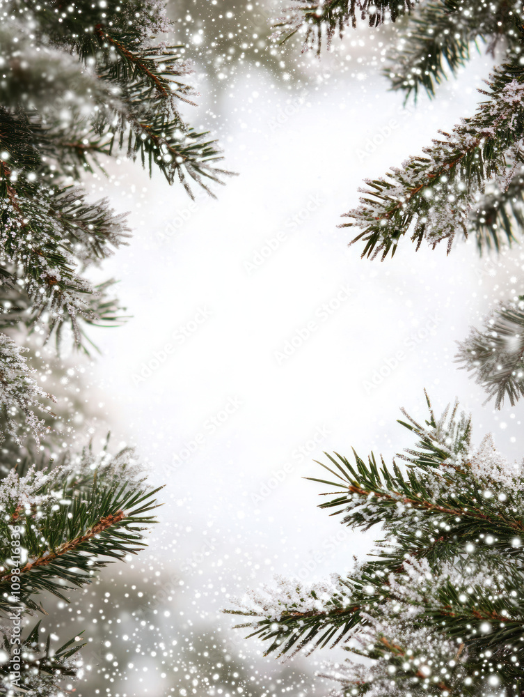 Obraz premium Festive Christmas Frame with Glittering Stars and Snow Dusted Greenery Creating a Perfect Blank Backdrop for Your Holiday Text and Greetings