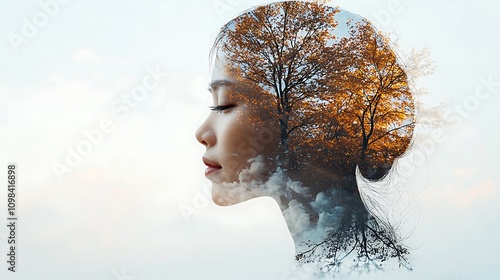 The creative portrait depicts a person shown twice within the same frame, with one image subtly blending into the other through a double exposure effect