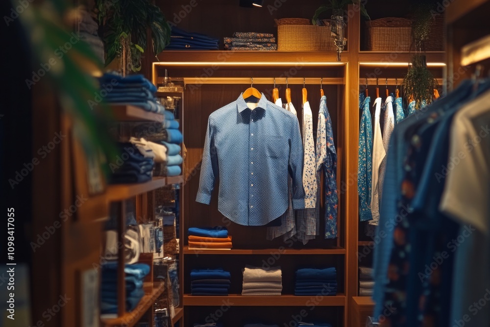 Naklejka premium Stylish display of neatly arranged shirts and folded clothes in a boutique store at evening time