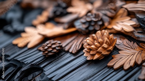 Detailed carved wooden leaves and pinecones elegantly displayed on a dark-textured surface, showcasing the delicate artistry and craftsmanship involved in the work. photo