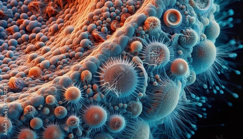 Intricate and colorful microscopic view of cellular structures, showcasing the complexity and beauty of biological forms photo