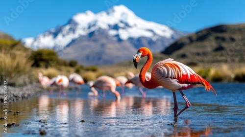 An elegant flamingo strolls through a shallow stream, set against a stunning mountain landscape, its reflection seamlessly blending into the clear water. photo