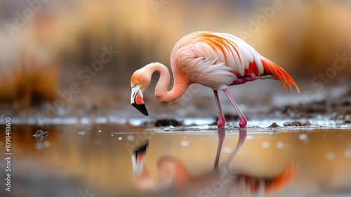 A vivid flamingo stands at the water's edge, its colorful reflection mirrored in the calm water, surrounded by a serene, blurred natural backdrop. photo