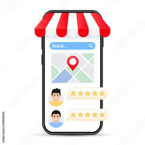 Smartphone with city map. Red Marker Pin Point on Screen. User reviews with feedback and ratings. Digital marketing style icon. Leverage user reviews for better business growth. Vector illustration