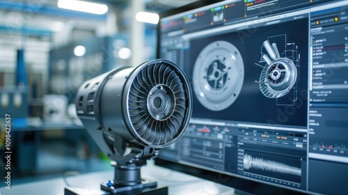 photograph of Close Up of a Desktop Computer Monitor Screen with 3D CAD Software with Prototype Jet Engine Project wide angle lens