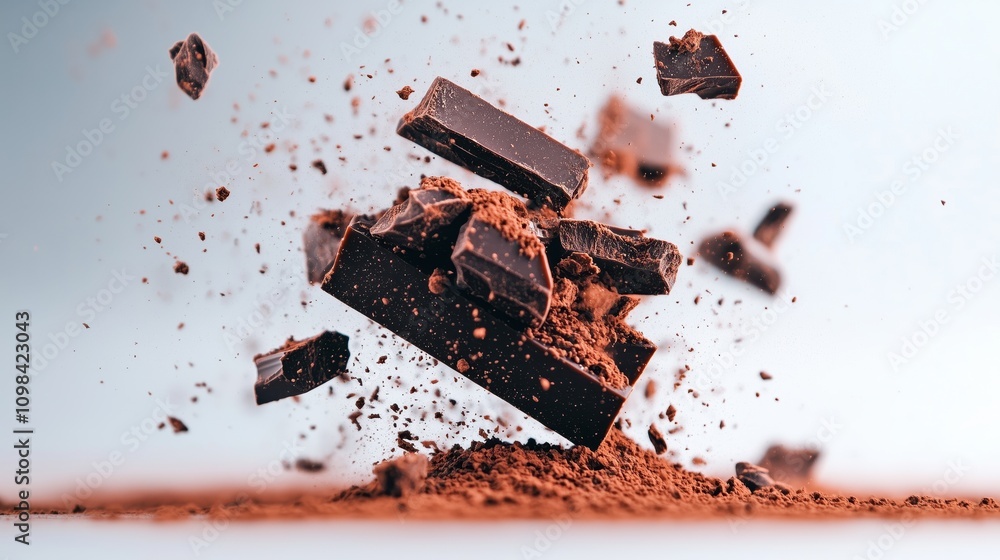 Fototapeta premium Dark chocolate pieces with cocoa powder explosion on white background. Food product advertising