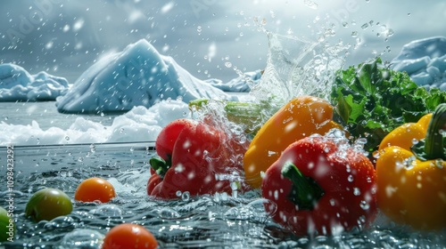 photograph of Close up of fresh vegetables splashing in water with icebergs background, glowing in the sunlight wide angle lens