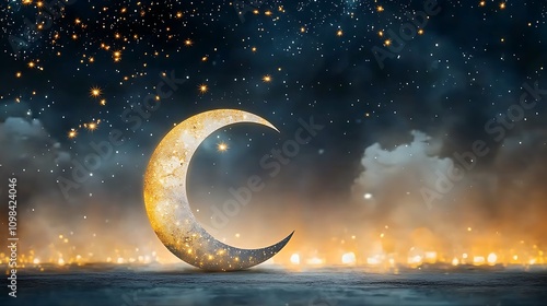 The background depicts a serene night sky with a crescent moon and twinkling stars, symbolizing the beginning of the holy month of Ramadan Kareem, a time of fasting, prayer, reflection