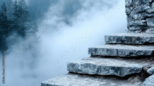 Ancient stone steps rise and vanish into a thick fog, surrounded by towering trees, creating a mysterious and ethereal atmosphere in a natural setting.