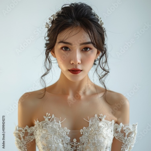 A beautiful bride with elegant makeup and a stunning off shoulder lace wedding gown. photo