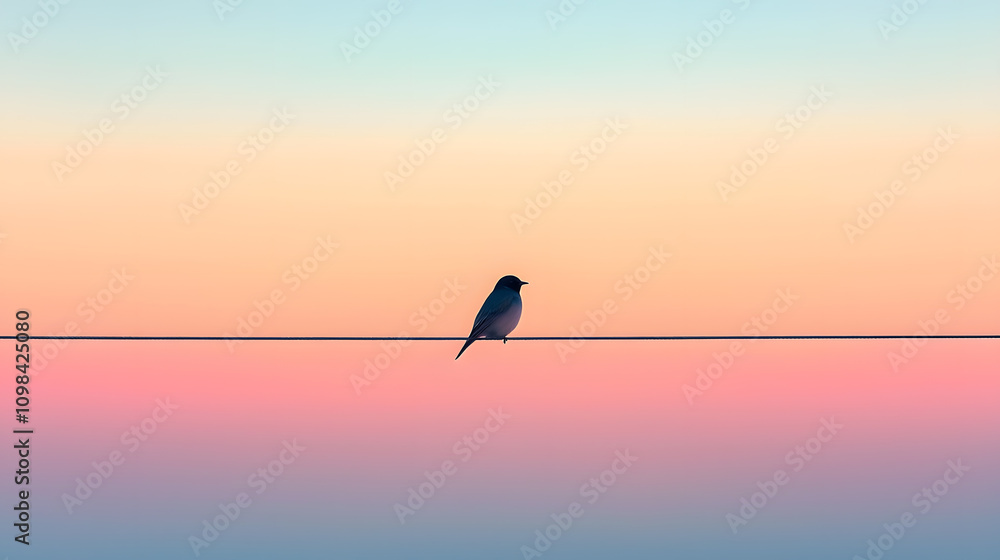 Naklejka premium Lone Bird Perched on a Thin Wire – A Symbol of Solitude and Freedom Against a Simple, Serene Background
