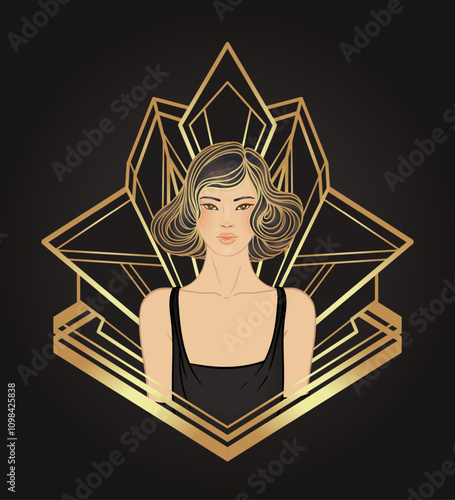 Retro fashion, glamour girl of twenties. Asian pretty woman. Vector illustration. Flapper 20s style. Vintage party invitation design template. Fancy asian lady.