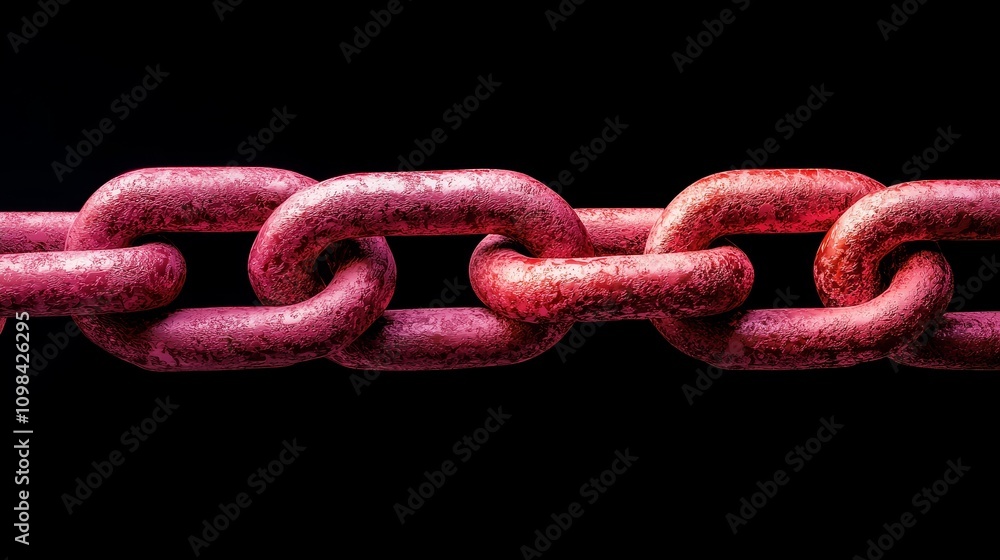 Obraz premium A close-up of a rusty, red chain against a black background, emphasizing texture and color contrasts.