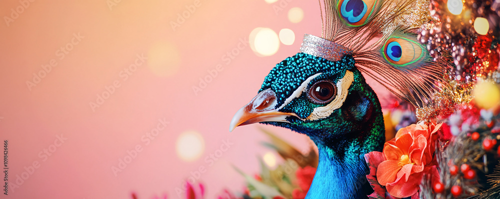 Obraz premium A festive peacock with vibrant feathers looks at the camera, set in a clean, spacious background, generative AI.