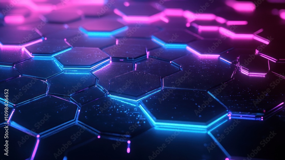 Obraz premium Neon hexagonal patterns with glowing effects.