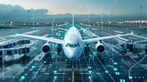 photograph of Commercial Jet with Digital Data Overlay. Aerial front view of a commercial jet at an airport with a complex digital data overlay. wide angle lens
