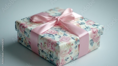 Floral gift box with pink ribbon on plain background