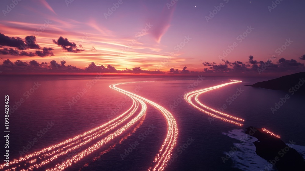 Fototapeta premium Beautiful sunset over ocean with lights