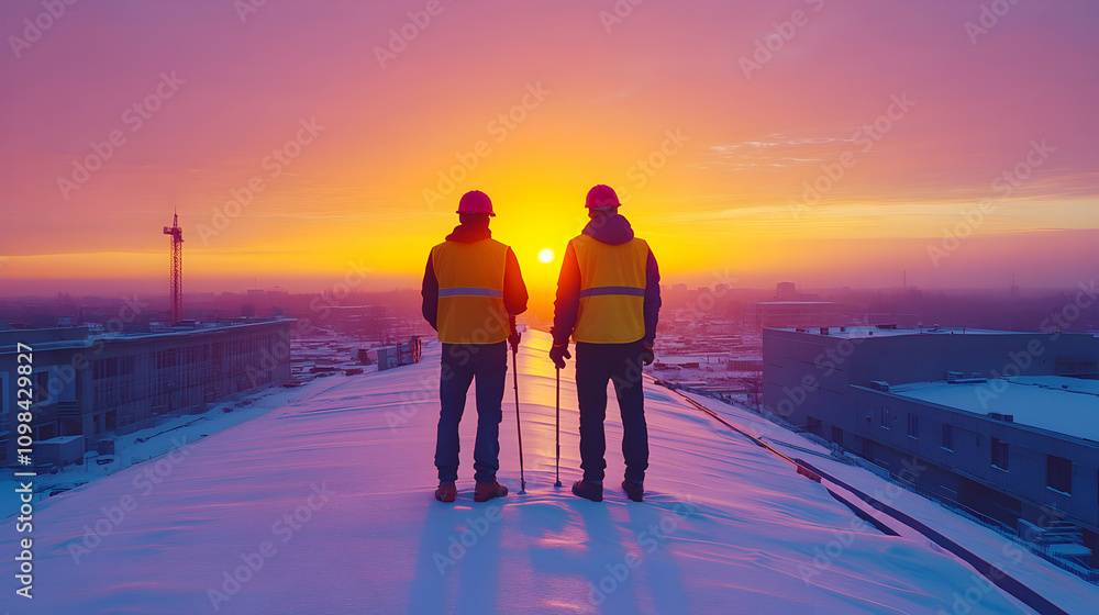 Fototapeta premium Construction Workers Silhouette at Sunset, Rooftop View of Cityscape During Winter, Golden Hour Panorama.