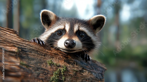 A playful raccoon peeks out from a tree opening with bright eyes, blending into the lush woodland background, a snapshot of fun and curiosity in nature's haven. photo