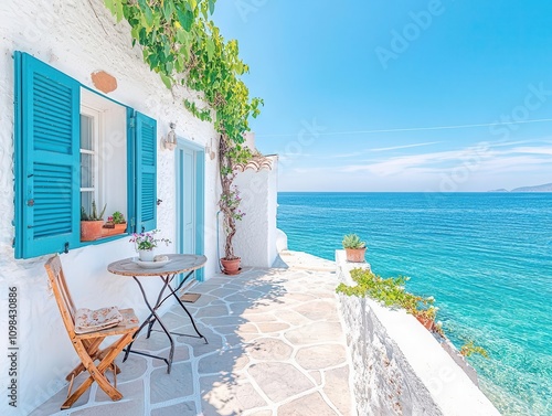 A charming seaside maisonnette with whitewashed walls, blue shutters, and a small terrace overlooking the ocean, peaceful and serene, photo