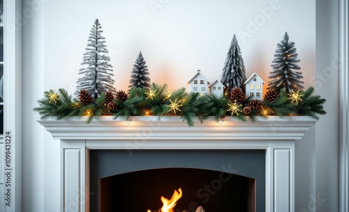 Christmas mantel decor, miniature pine trees, glowing lights, lush garland, white fireplace, cozy holiday scene, warm firelight, festive ambiance, interior design, soft focus, hygge, winter decor, ele photo