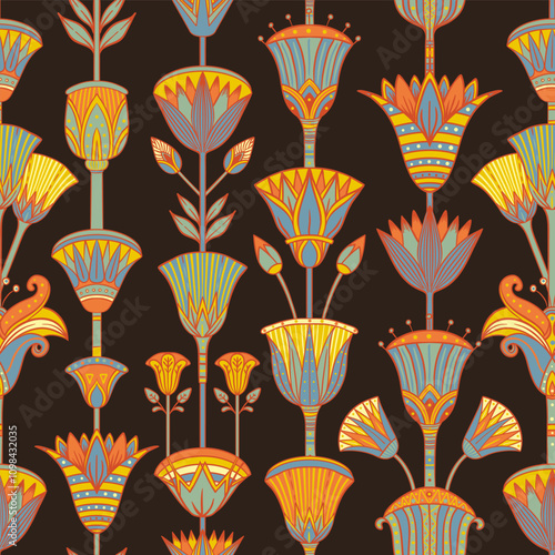 Seamless vector pattern of ancient Egyptian lotus flower. Repeating background. Retro hand drawn vector repeating illustration in earthy colors.
