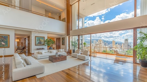 An interior view of a luxurious maisonnette penthouse, featuring a doubleheight ceiling, sleek modern furniture, and a balcony with city views, photo