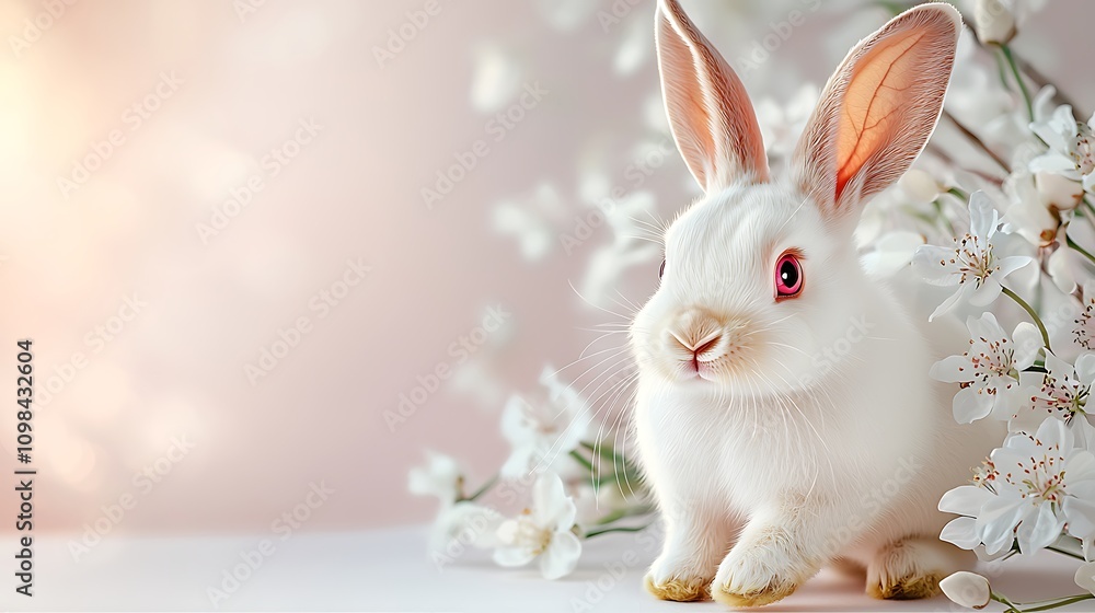 Obraz premium A cute white rabbit with long ears and pink eyes hopping playfully on a soft pink background, while surrounded by delicate white flowers on a pristine white background.