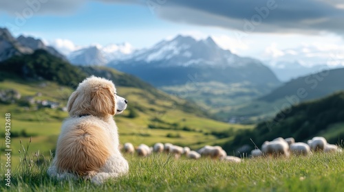 A dog sits in vibrant greenery admiring a breathtaking mountain view with a herd of sheep wandering the expansive fields, capturing nature's serene essence. photo