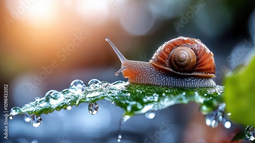 A solitary snail progresses atop a vibrant leaf, with glimmering morning dew catching light, creating a peaceful scene that highlights nature's simplicity and detailed beauty. photo