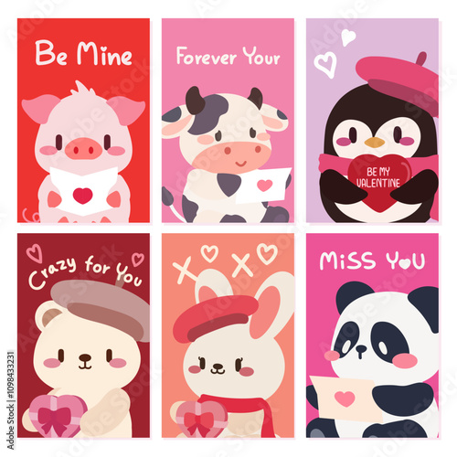 A collection of adorable Valentine’s Day cards featuring kawaii animal characters like a pig, cow, penguin, bear, bunny, and panda holding hearts and delivering love messages.
