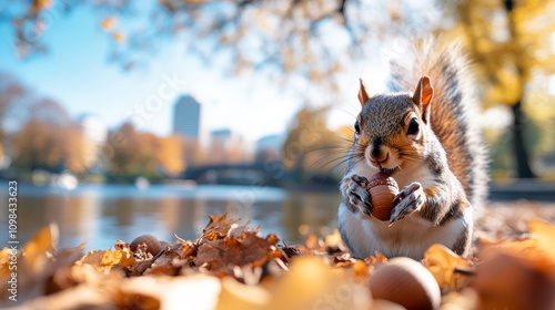 A lively squirrel sits by a tranquil river in a city setting, holding an acorn as autumn leaves surround it, showing harmony between nature and urban life.