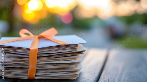 A stack of letters tied with an orange ribbon sitting on a wooden surface outdoors under the golden light, creating an atmosphere of nostalgia and anticipation. photo