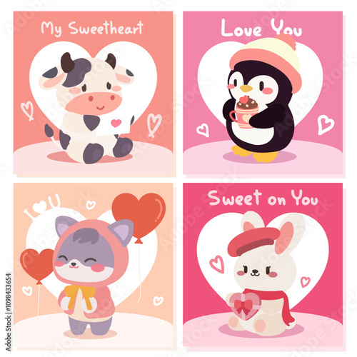 A kawaii collection of Valentine’s Day cards featuring adorable animals like a cow, penguin, cat, and bunny. Each design includes sweet love messages, hearts, and pastel tones.