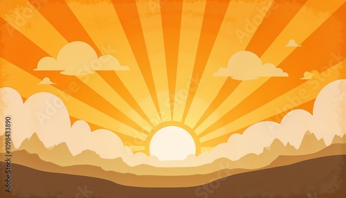 Vibrant retro sunrise illustration with rays and clouds in warm orange tones, copy space