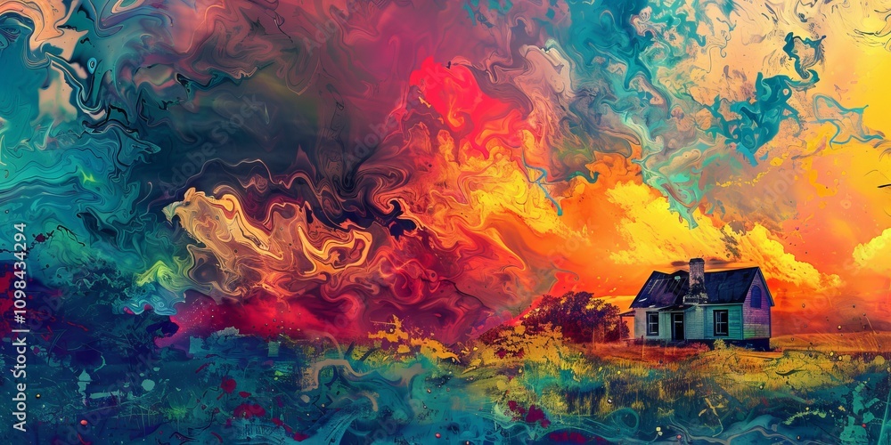 Obraz premium A colorful painting of a house and a field. The house is small and has a chimney