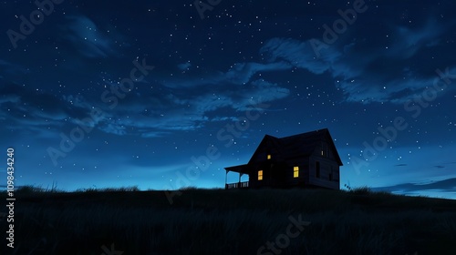 A house is on a hill with a porch. The porch is lit up. The house is surrounded by grass