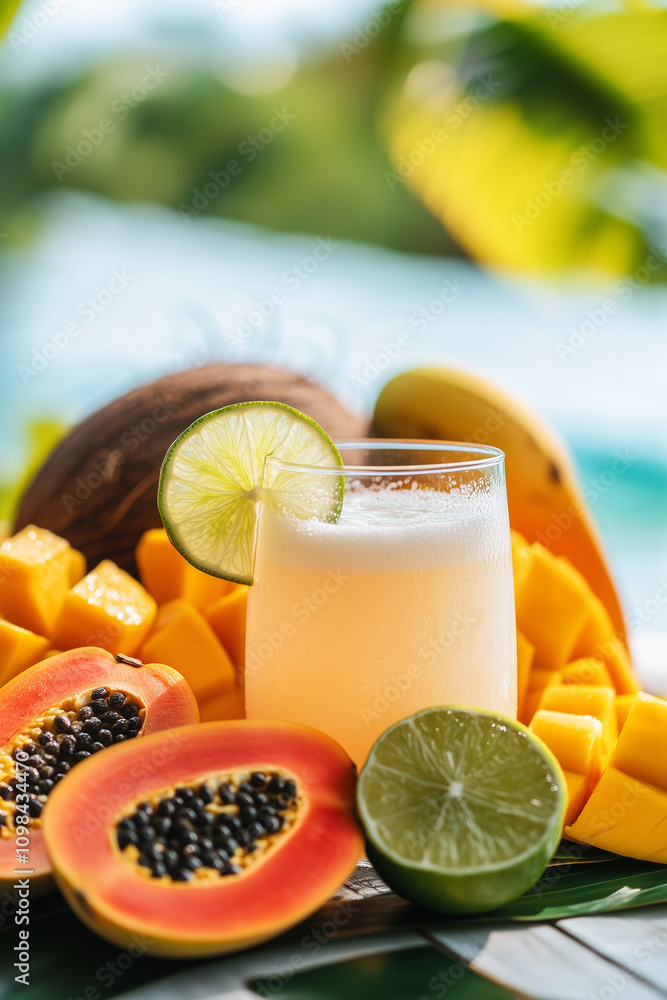 Fototapeta premium A refreshing coconut water drink served with a slice of lime and tropical fruits