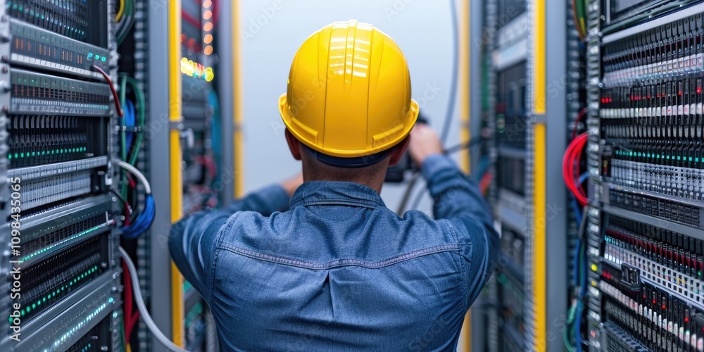 Fototapeta premium A technician in a yellow hard hat works on server racks, ensuring optimal performance in a data center environment.