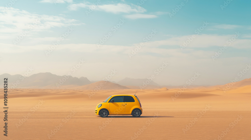 Obraz premium Small yellow electric car driving through a vast desert landscape under a clear sky