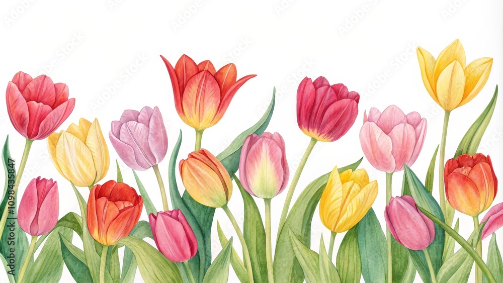 Obraz premium Watercolor Tulips Spring Floral Border Composition