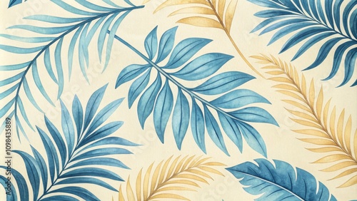 Watercolor Tropical Leaves Blue and Gold Palm Frond Composition