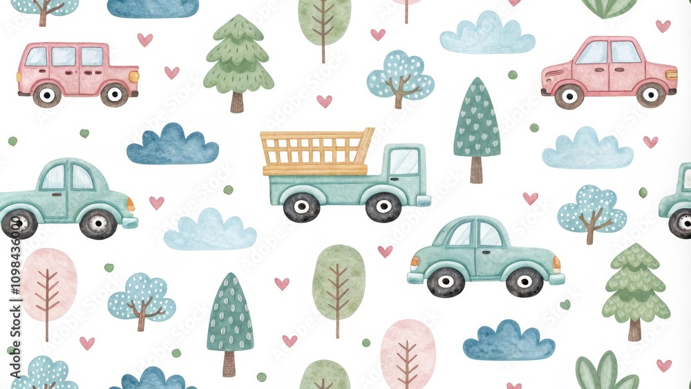Fototapeta premium Watercolor Seamless Pattern Cute Cars and Trees