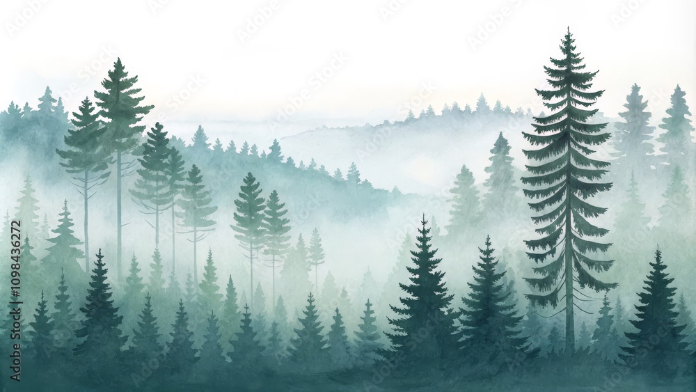 Fototapeta premium Watercolor Misty Forest Teal Conifers and Foggy Landscape
