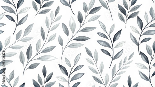 Watercolor Monochrome Botanical Seamless Pattern Grey Leaves on White Background
