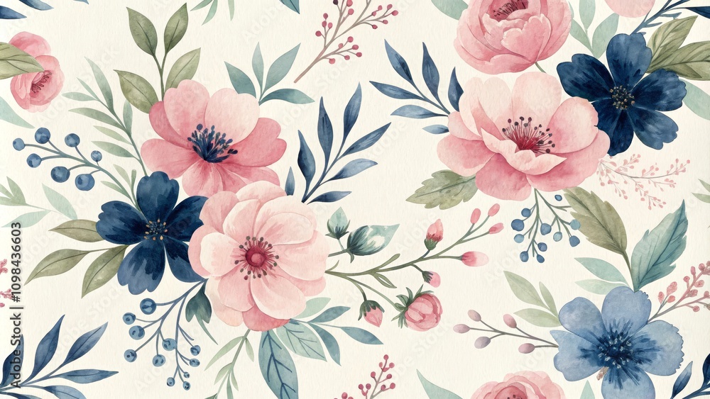 Obraz premium Watercolor Floral Seamless Pattern Pink and Blue Blooms on Cream Background